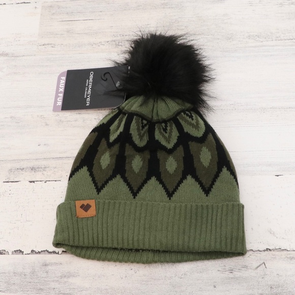 Obermeyer Fair Isle Faux Fur Pom Beanie Saguaro Olive Green NEW - Picture 1 of 3